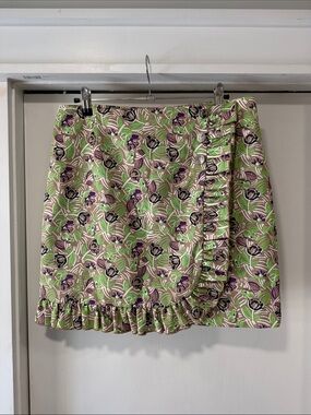 Tory Burch Beige Mini Skort with Green & Purple Floral Ruffle